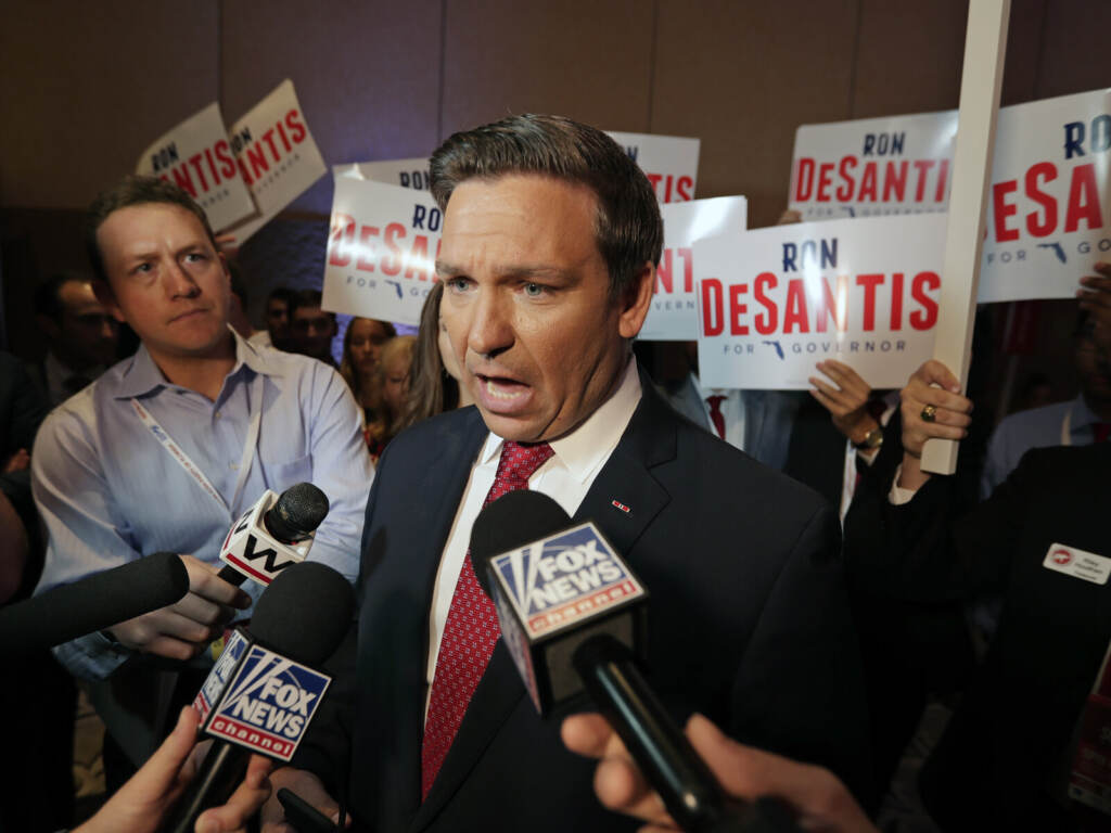 Ron DeSantis Ron DeSantis speaks with reporters.