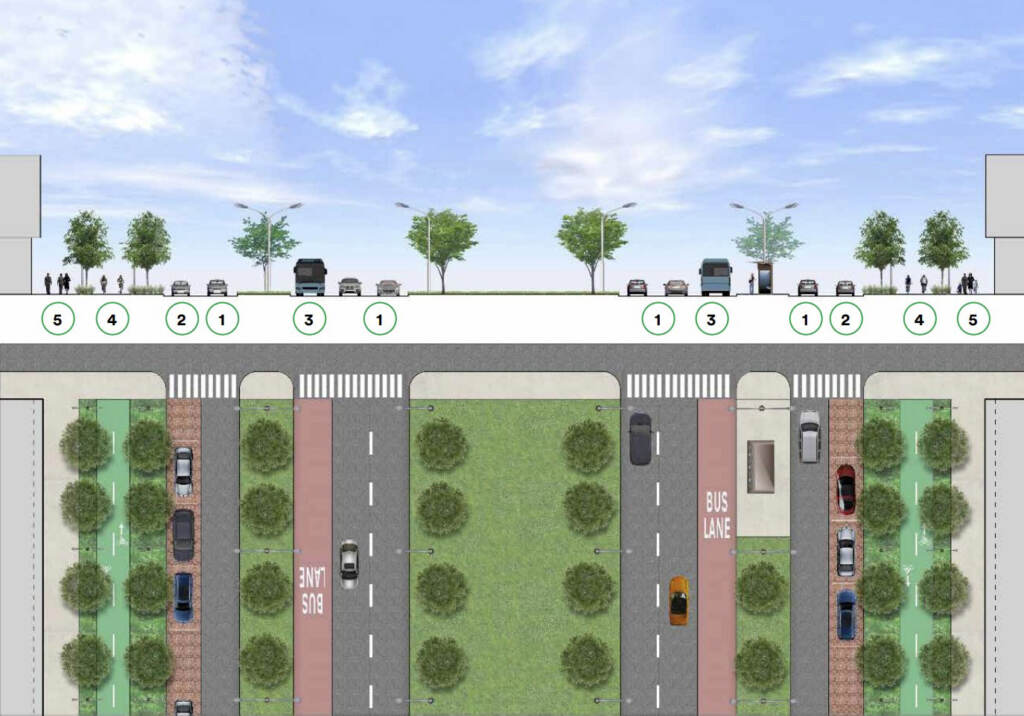 rooseveltboulevard-rendering An illustration shows roads, trees, and sidewalks.
