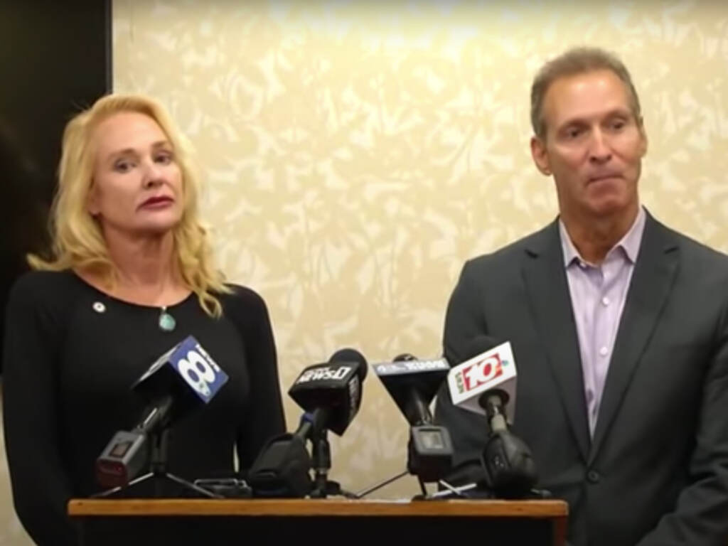 Mary Znidarsic-Nicosia and her husband Nicholas Nicosia, pictured at their press conference in Rochester, NY, on Tuesday. The two deny allegations of racism and now blame “cancel culture” for the backlash they have faced after throwing an allegedly bigoted party. Mary Znidarsic-Nicosia and her husband Nicholas Nicosia, pictured at their press conference in Rochester, NY, on Tuesday. The two deny allegations of racism and now blame