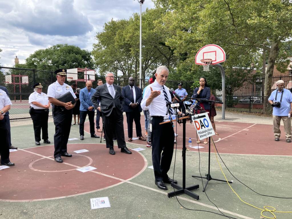shepard-rec-center-shooting-s-caiola-2022-08-17-3 DA Larry Krasner speaking at Shepard Rec Center in West Philly on August 17, 2022. (Sammy Caiola / WHYY)
