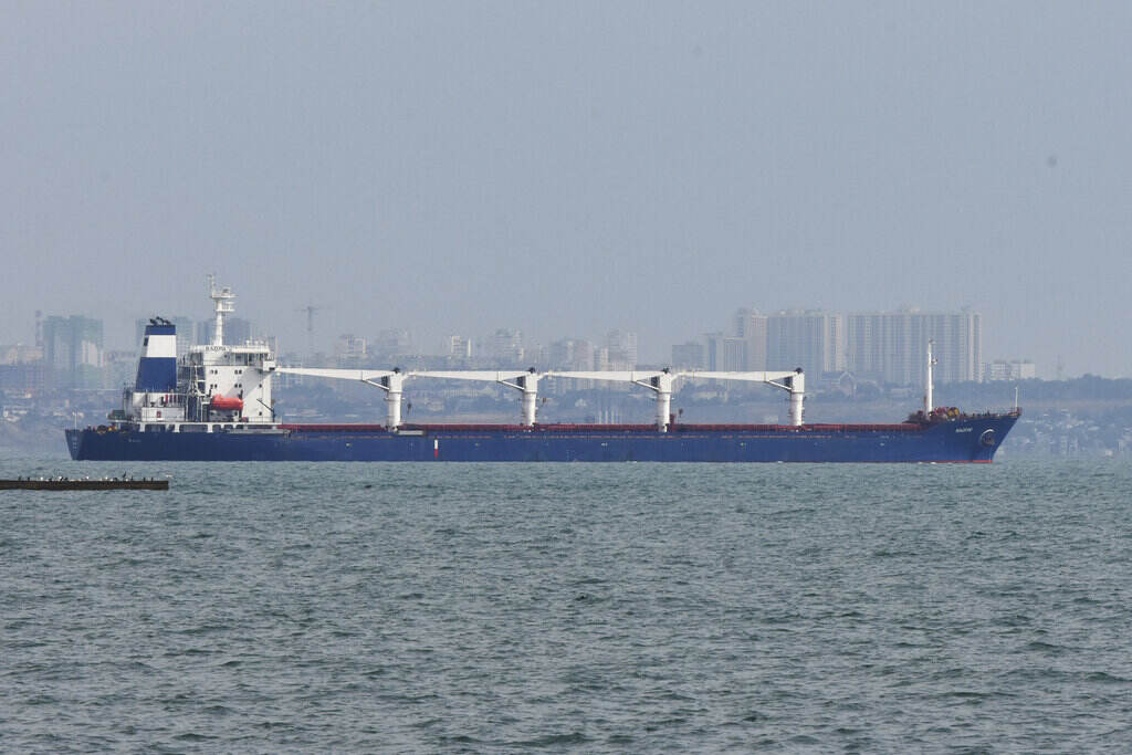 Russia Ukraine War A cargo ship is on the ocean.