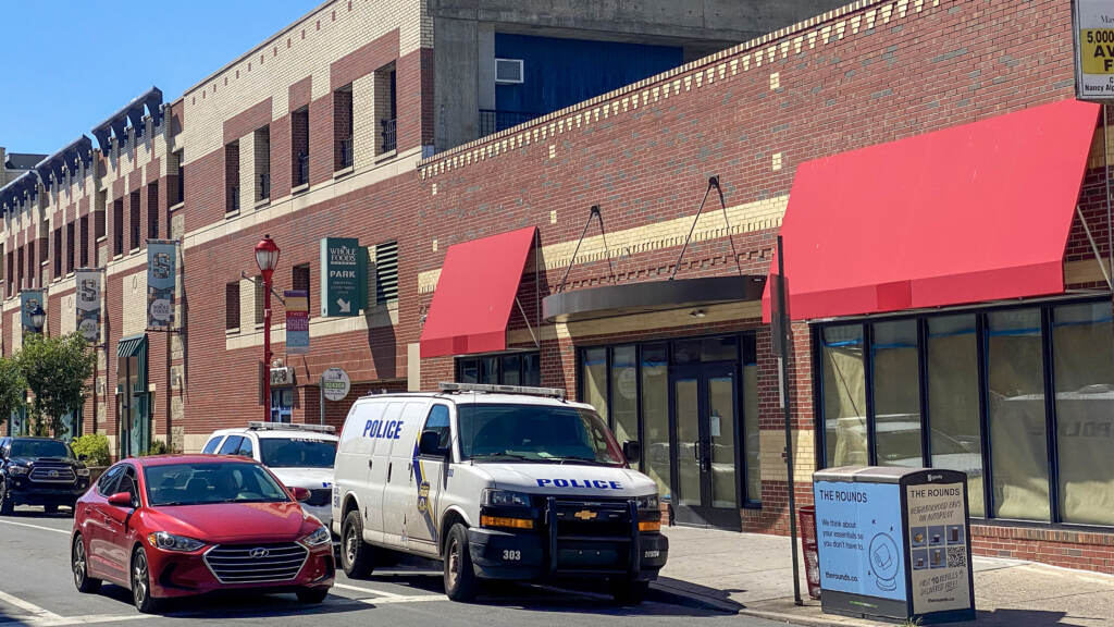 A police van is pictured on South Street in Philly