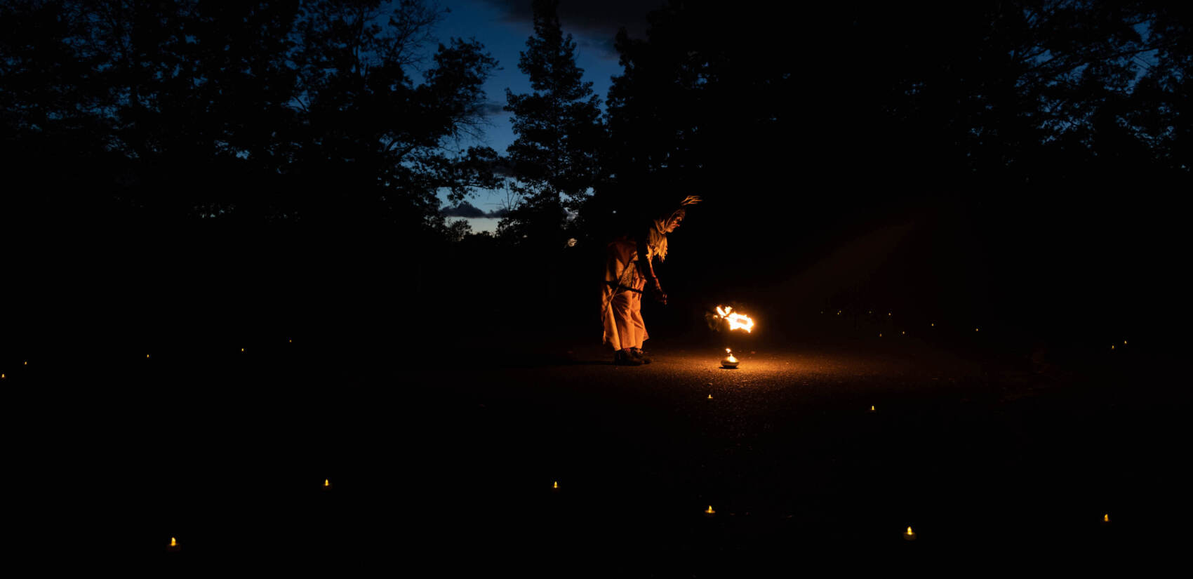 A person stands in a dark field with a torch of fire before them.
