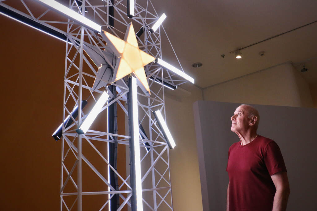 2022 09 01-e lee-shimon attie-bethlehem pa lehigh university-artist in residence starstruck Artist-in-residence Shimon Attie created an 11-foot-tall replica of Bethlehem's 90-toot Star Tower for his exhibit at Lehigh University Art Galleries. (Emma Lee/WHYY)