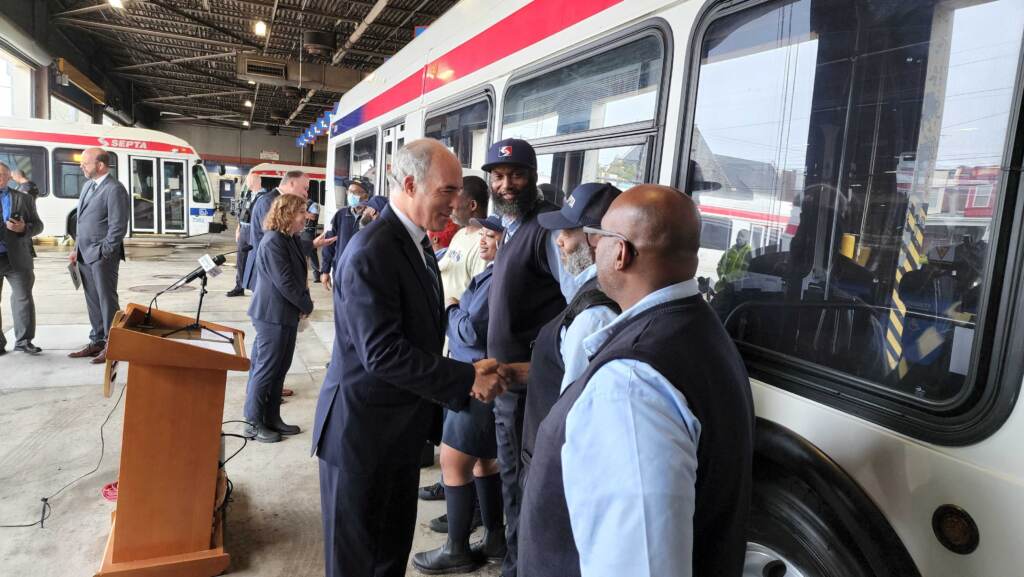 20220906_112709 U.S. Sen. Bob Casey of Pennsylvania workers at the SEPTA Allegheny bus depot. (Tom MacDonald/WHYY)