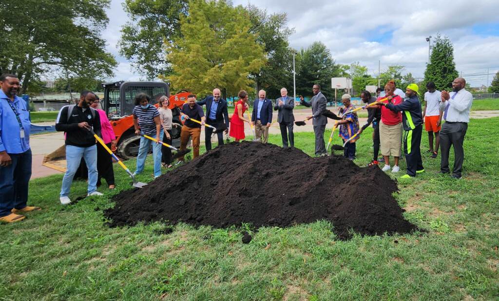 20220913_105700 Philadelphia Mayor Jim Kenney and City Council President Darrell Clarke (both center) attend the groundbreaking at the revamped Fotterall Square Park. (Tom MacDonald/WHYY)