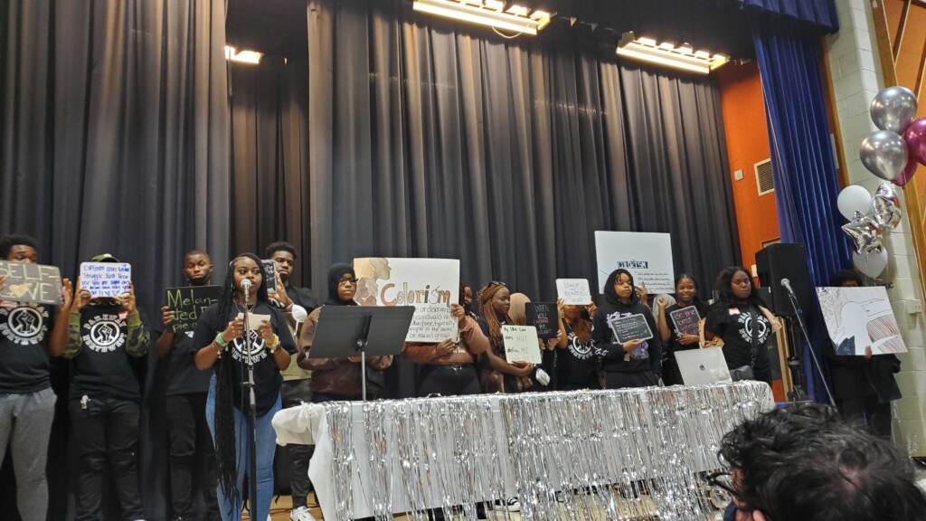 20220921_131824 Students speak out against colorism at the Parkway Northwest High School Peace Day assembly. (Sam Searles/WHYY)