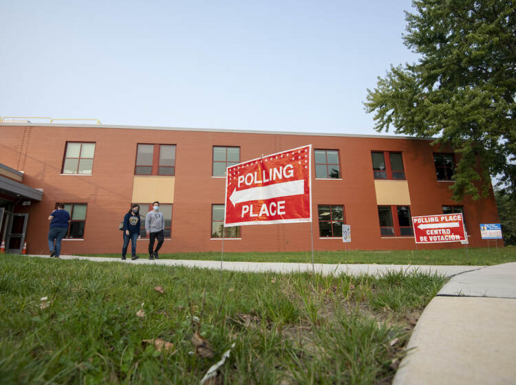 Voters outside of a building