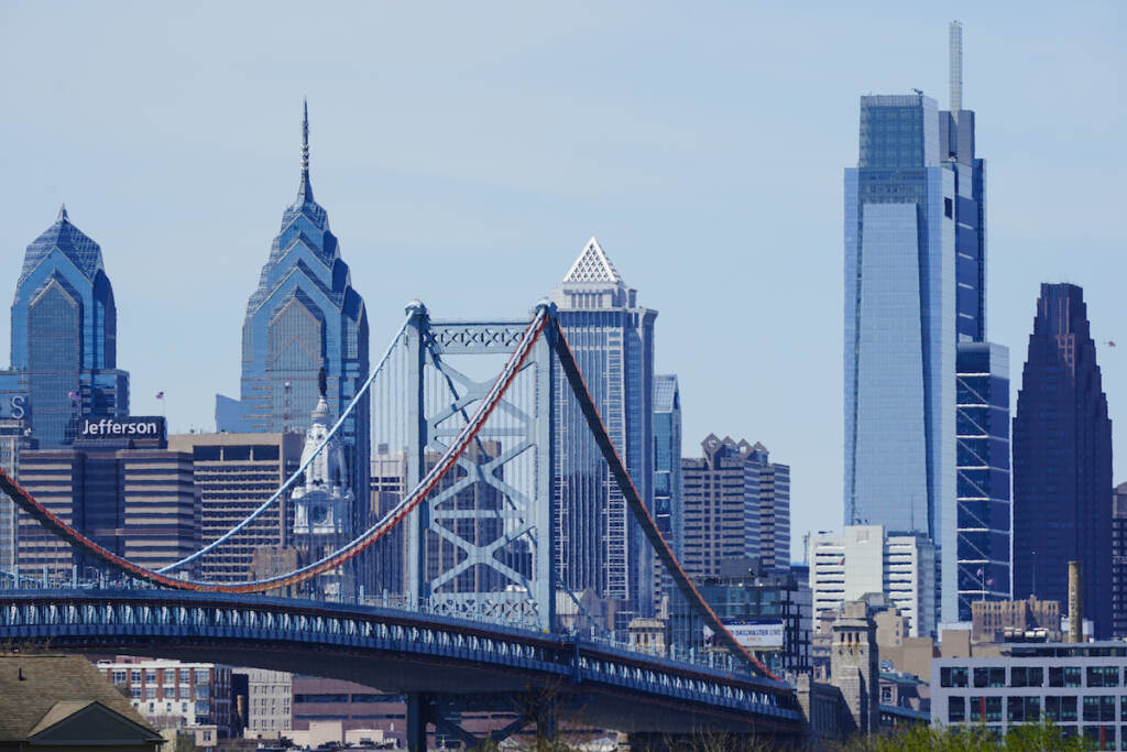 Philadelphia Skyline Shown is the Benjamin Franklin Bridge and the Philadelphia skyline as seen from the Cramer Hill Waterfront Park in Camden, N.J., Wednesday, April 20, 2022.