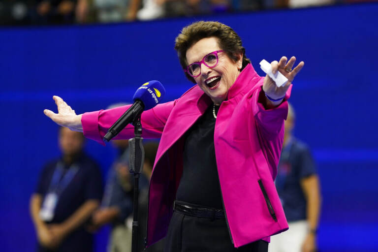 Billie Jean King speaks after Serena Williams, of the United States, defeated Danka Kovinic, of Montenegro, during the first round of the US Open tennis championships, Monday, Aug. 29, 2022, in New York. (AP Photo/John Minchillo)