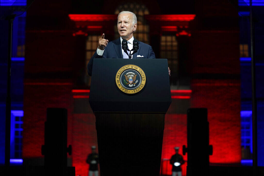 Biden President Joe Biden speaks outside Independence Hall, Thursday, Sept. 1, 2022, in Philadelphia. (AP Photo/Evan Vucci)