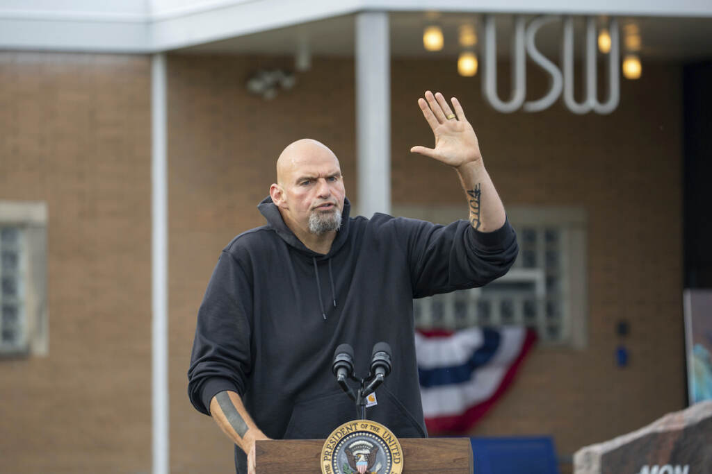 Biden Pa. Lt. Gov. and senatorial candidate John Fetterman speaks to a crowd gathered at a United Steel Workers of America Labor Day event with President Joe Biden in West Mifflin, Pa., just outside Pittsburgh, Monday Sept. 5, 2022. (AP Photo/Rebecca Droke)