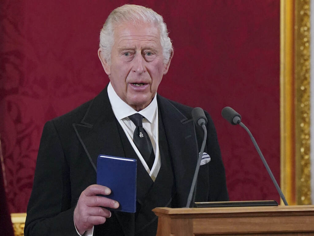 Britain Royals King Charles III makes his declaration during the Accession Council at St James's Palace, London, Saturday, Sept. 10, 2022, where he is formally proclaimed monarch. (Jonathan Brady/Pool Photo via AP)