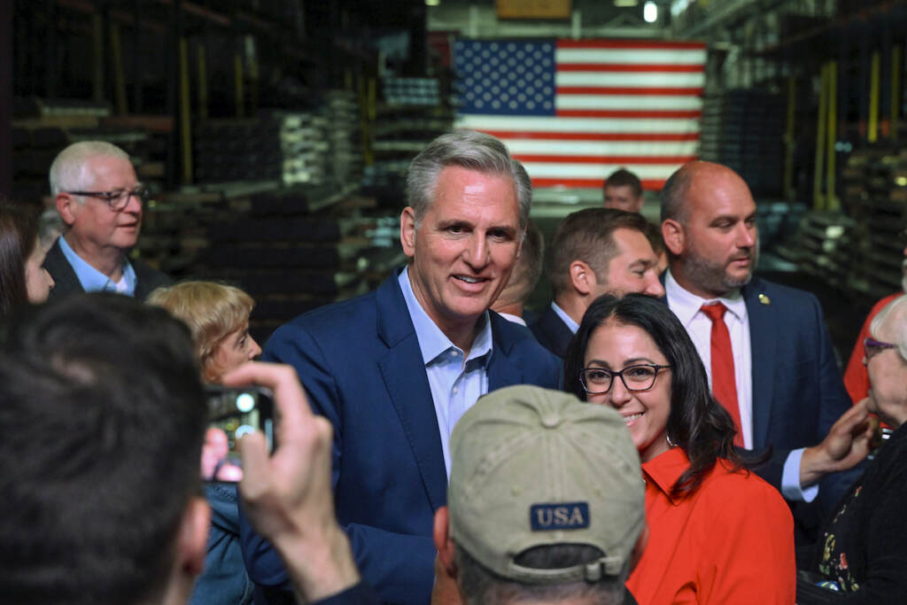 Election 2022 McCarthy House Minority leader Kevin McCarthy (R-Calif.) greets supporters at DMI Companies in Monongahela, Pa., Friday, Sept. 23, 2022. (AP Photo/Barry Reeger)