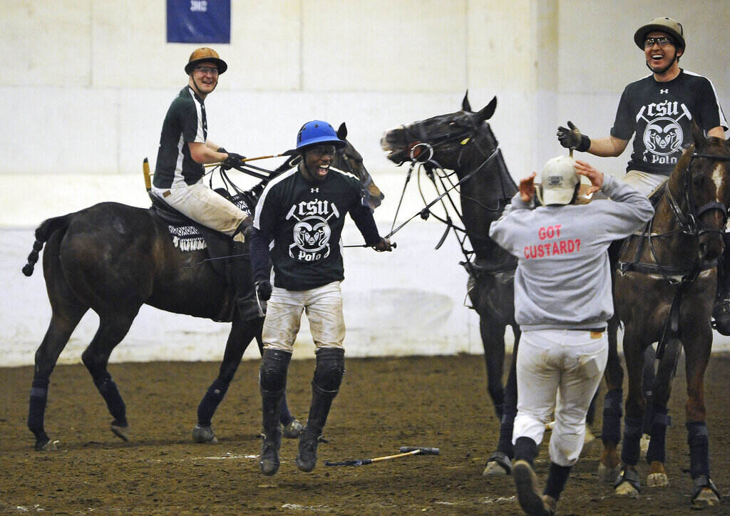 Kareem Rosser In this Wednesday, April 8, 2015, photo, Colorado State's Kareem Rosser, center, celebrates with his team at the end of a polo match against SMU in the intercollegiate polo championships at the University of Connecticut in Storrs, Conn. Rosser who grew up in poverty in West Philadelphia led Colorado State into the national championship game on Wednesday. About 50 schools field teams in what participants say is no longer just a sport for kings and millionaires. (AP Photo/Jessica Hill)