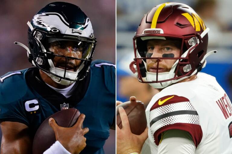 Philadelphia Eagles quarterback Jalen Hurts and Washington Commanders quarterback Carson Wentz (AP Photo/Matt Rourke and Rick Osentoski)