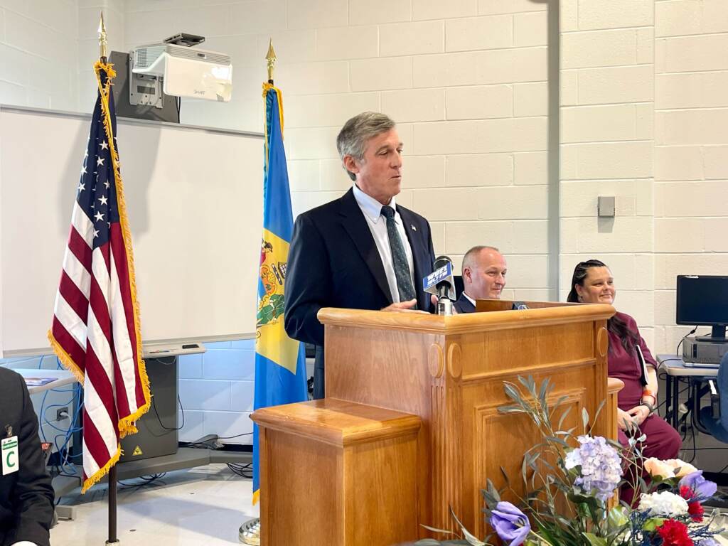 IMG_7611 Governor John Carney speaking at the Baylor Women Correctional Institution. (Johnny Perez-Gonzalez/WHYY)