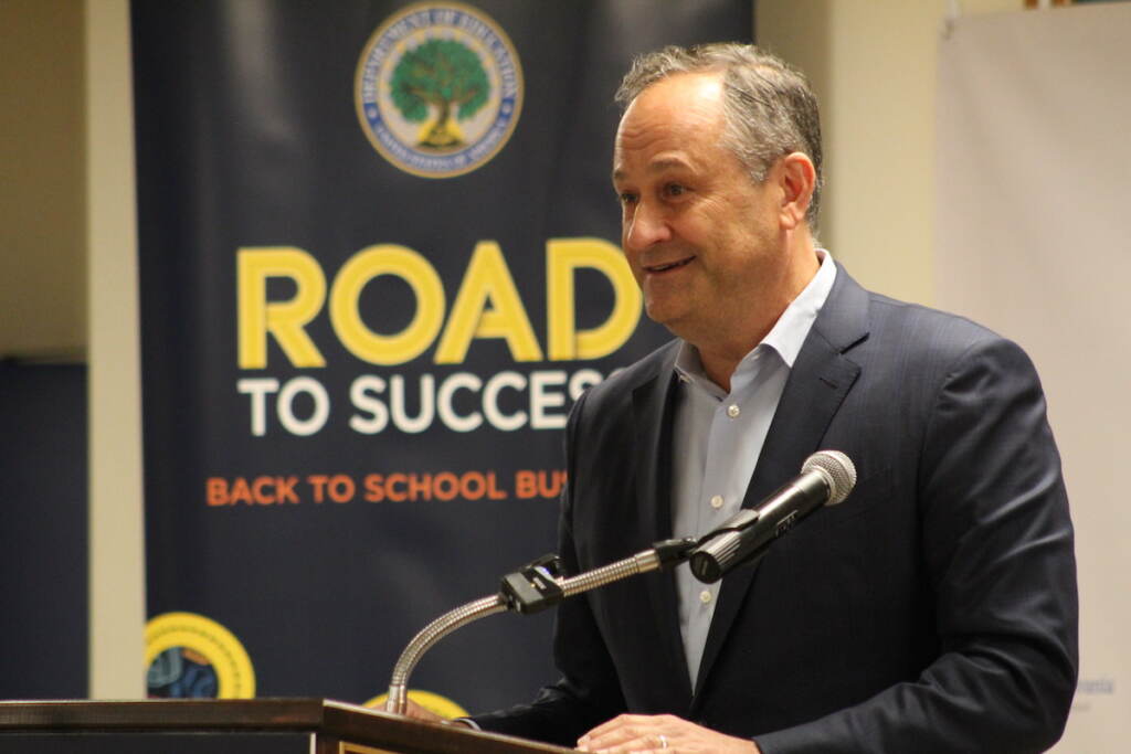 IMG_9357 Second Gentleman Douglas Emhoff at the Back to School Bus Tour stop in Philadelphia. (Cory Sharber/WHYY)