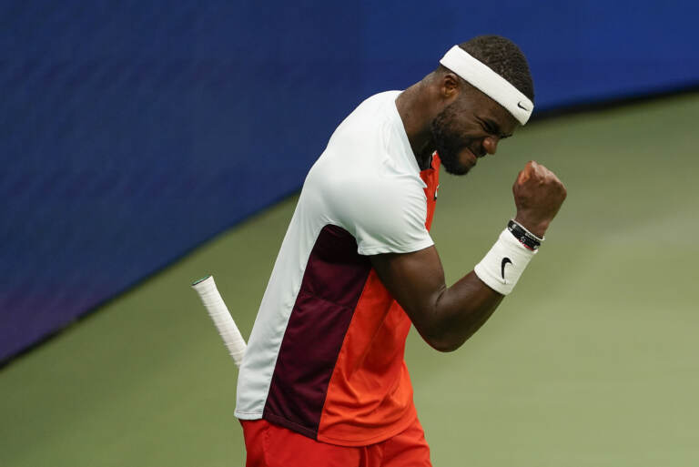 Frances Tiafoe reacts after winning a tie breaker against Andrey Rublev, of Russia, during the quarterfinals of the U.S. Open tennis championships on Wednesday in New York. (Seth Wenig/AP)