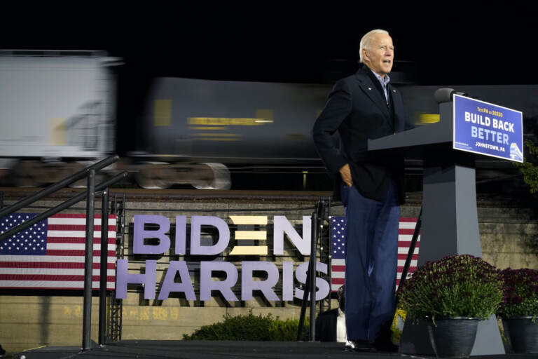 Joe Biden speaks at the Amtrak Johnstown Train Station