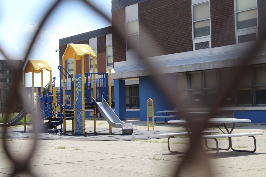 daroff-school-closure-9 A playground is visible through the links of a fence.