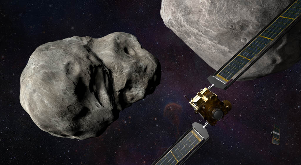 This illustration shows the DART spacecraft approaching the two asteroids, Didymos and Dimorphos, with a small observing spacecraft nearby. This illustration shows the DART spacecraft approaching the two asteroids, Didymos and Dimorphos, with a small observing spacecraft nearby. (Credit: NASA/Johns Hopkins APL/Steve Gribben)