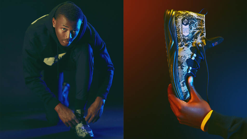 In the left panel, a man ties his shoe. In the right, a hand holds up a sneaker.
