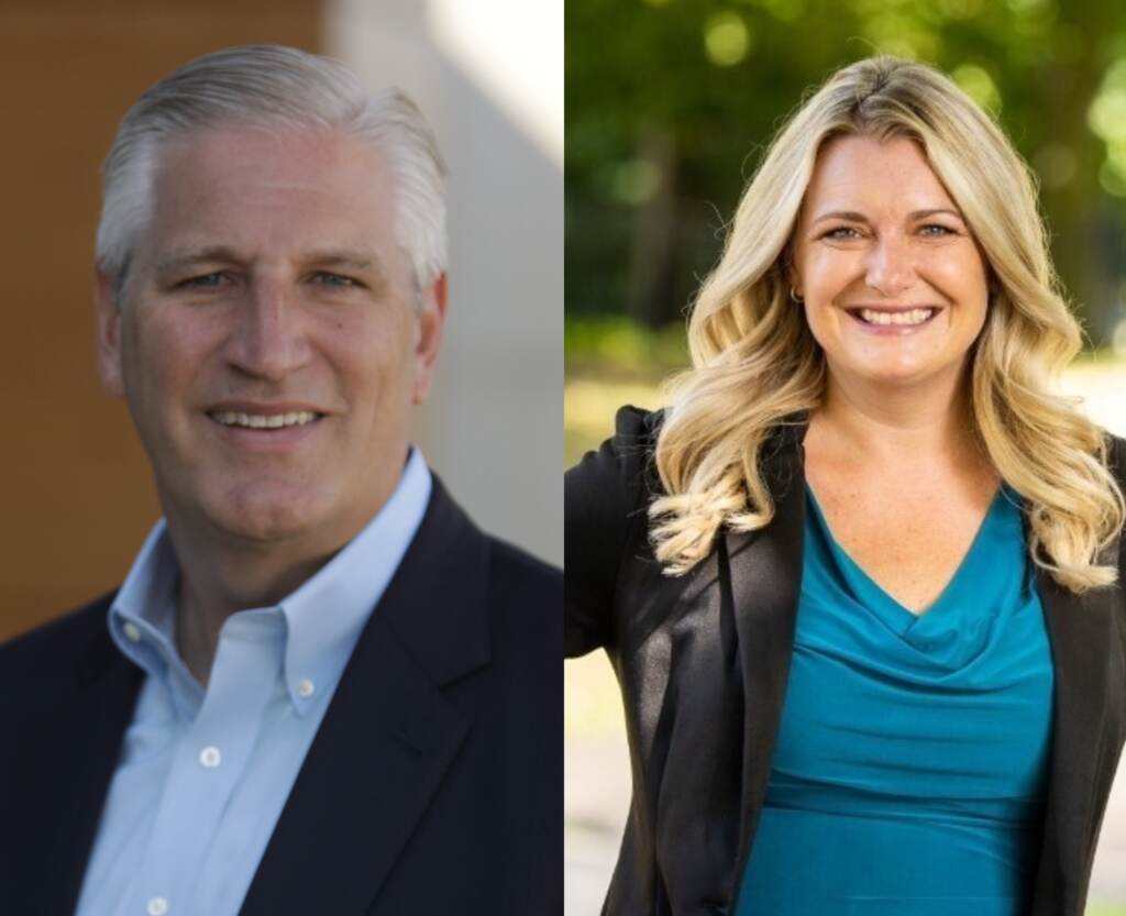 election-2022-pa-151-district-race-6 A man in the photo on the left smiles; a woman in the photo on the right smiles.