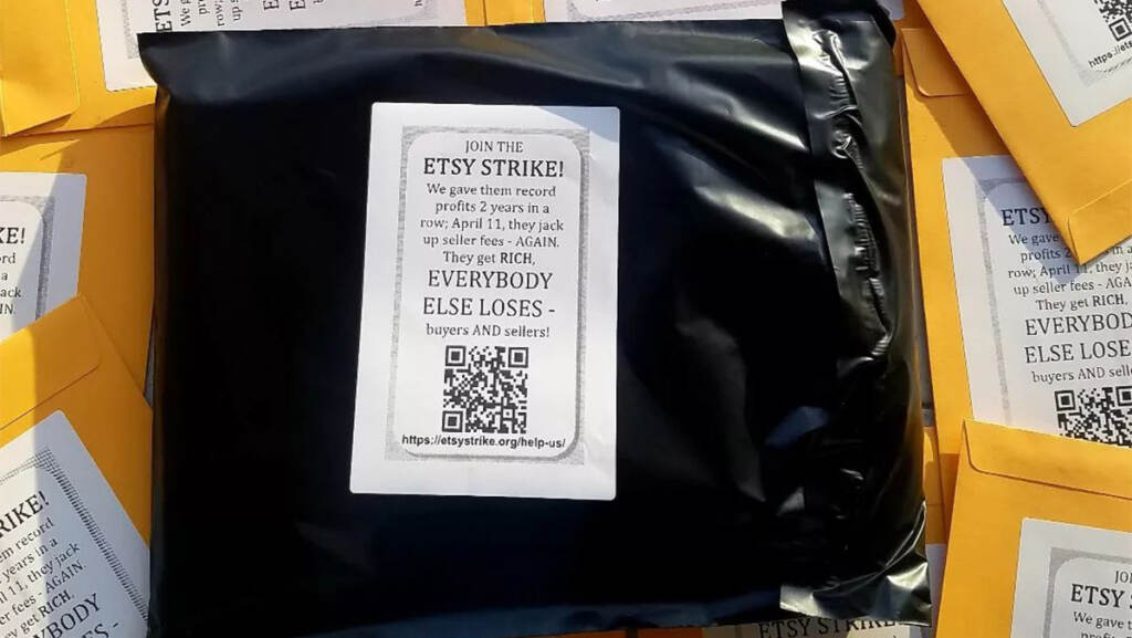 A sticker encourages consumers to join an Etsy strike
