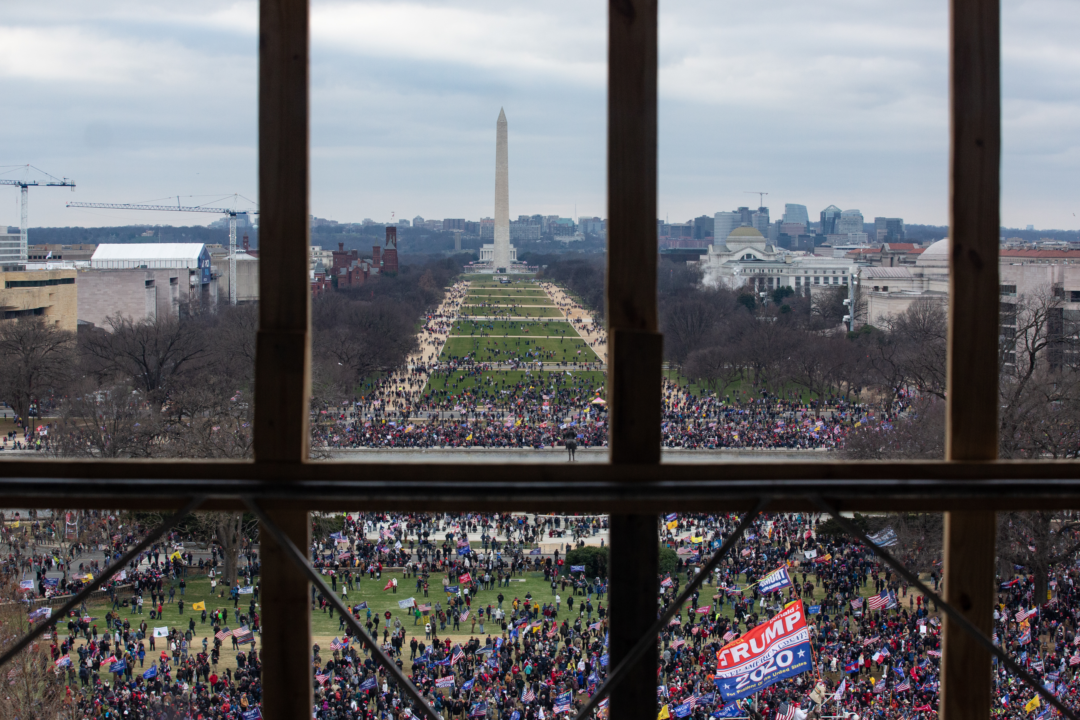 An aerial view of the crowd storming the U.S. Capitol from inside the Capitol building.
