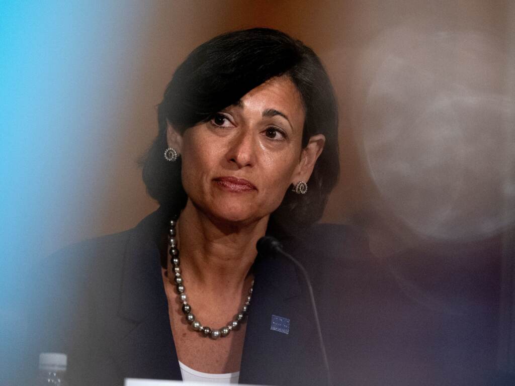 Rochelle Walensky, director of the Centers for Disease Control and Prevention, attends a Senate hearing in Washington last July. She spoke to NPR shortly after the CDC recommended updated booster shots. Rochelle Walensky looks on at something off-camera.
