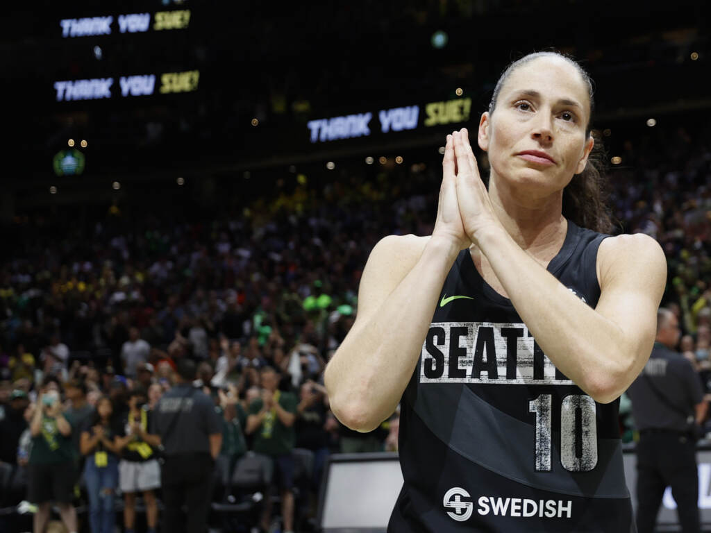 Sue Bird reacts after Tuesday’s game, the last of her career, at the 2022 WNBA Playoffs semifinals in Seattle, Wash. Sue Bird reacts after Tuesday's game, the last of her career, at the 2022 WNBA Playoffs semifinals in Seattle, Wash. (Steph Chambers/Getty Images)