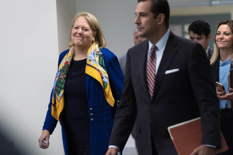 Conservative activist Virginia 'Ginni' Thomas, walks during a break in a voluntary interview with the House panel investigating the Jan. 6 insurrection, at Thomas P. O'Neill Jr. House Office Building, Thursday, Sept. 29, 2022, in Washington. The committee has for months sought an interview with Thomas in an effort to know more about her role in trying to help former President Donald Trump overturn his election defeat. She texted with White House chief of staff Mark Meadows and contacted lawmakers in Arizona and Wisconsin in the weeks after the election. (AP Photo/Manuel Balce Ceneta)