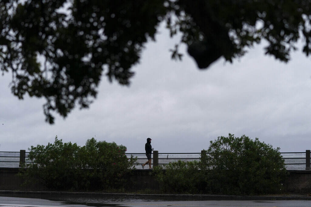Tropical Weather South Carolina A person walks along a path by the ocean as the wind blows. The sky is gray and stormy.