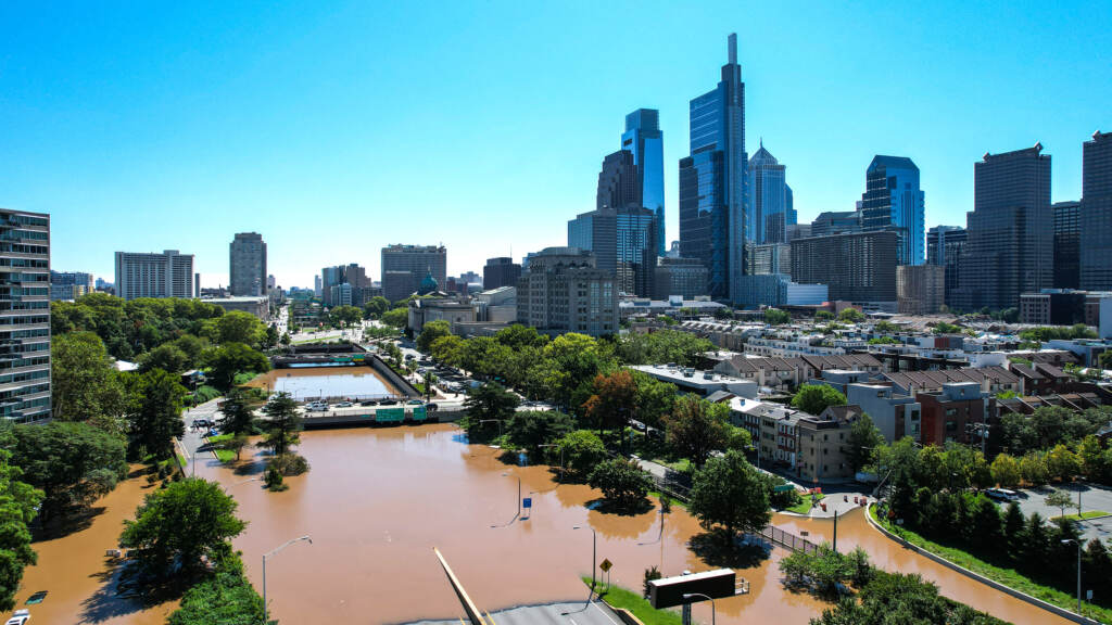default I-676 is seen filled with floodwaters from the Schuylkill River