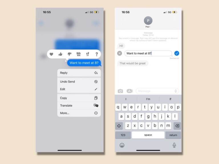 A screenshot of an iOS messaging app shows a user hovering over a text, with the option to edit it after it has been sent