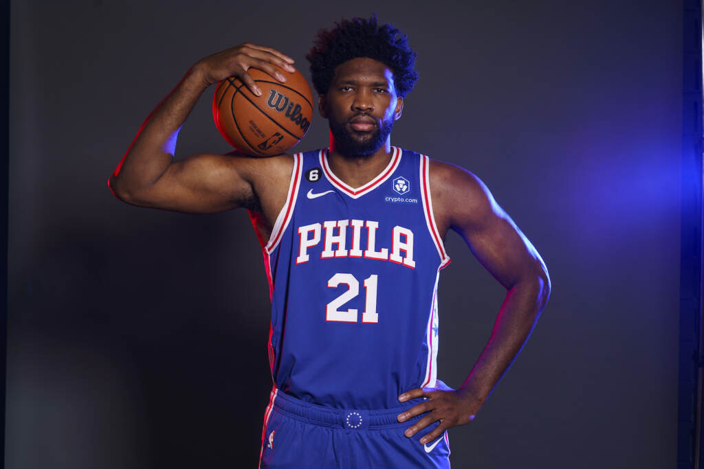 76ers Media Day Basketball Philadelphia 76ers' Joel Embiid poses for a photograph during media day at the NBA basketball team's practice facility, Monday, Sept. 26, 2022, in Camden, N.J. (AP Photo/Chris Szagola)