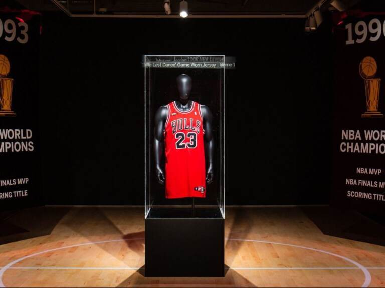 A jersey worn by Michael Jordan during the 1998 NBA championships has sold at auction for $10.1 million. (Sotheby's)