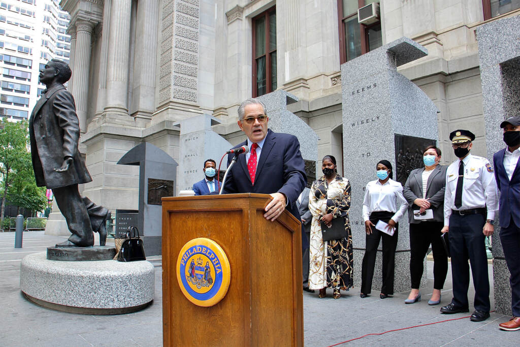 krasner-cattostatue Philadelphia DA Larry Krasner speaks at City Hall in April 2021. (Emma Lee / WHYY)