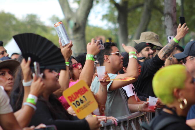 People hold up their phones in a crowd.