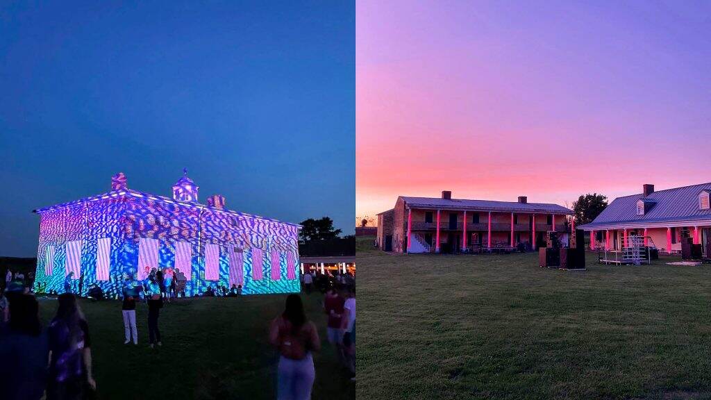 makingtimefestival-party-02-1024×576 Two photos side-by-side show a building in an open field at twilight and sunset.