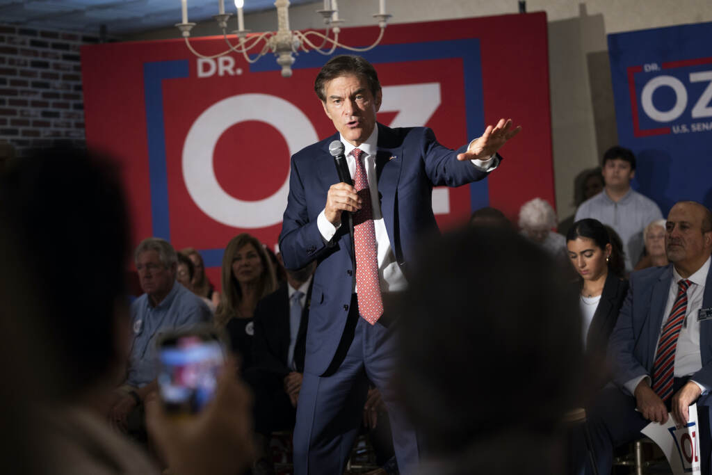 Dr. Mehmet Oz speaks at a campaign rally in Springfield