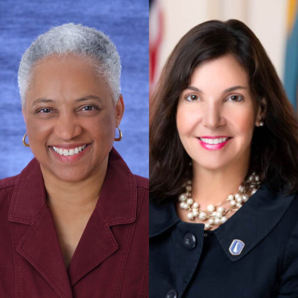 new-delaware-state-auditor-primary A woman on the left smiles in a headshot, and on the right another woman smiles in a headshot.
