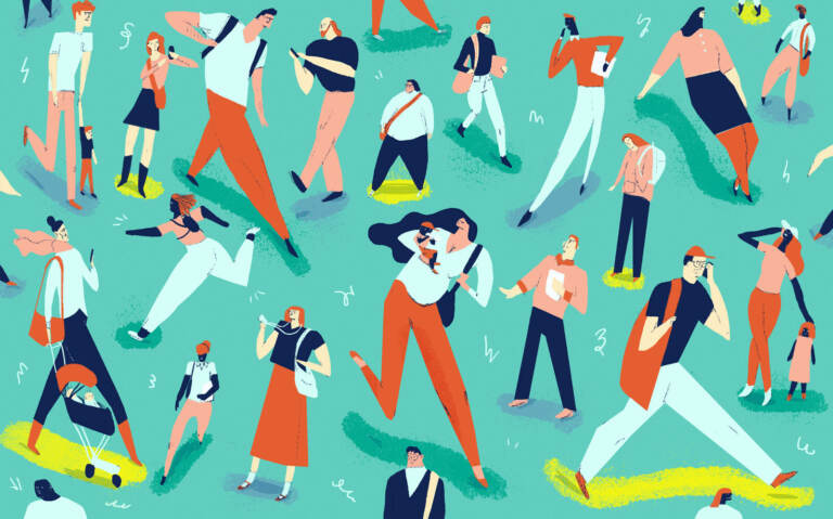 An illustration of people walking around with a teal background.