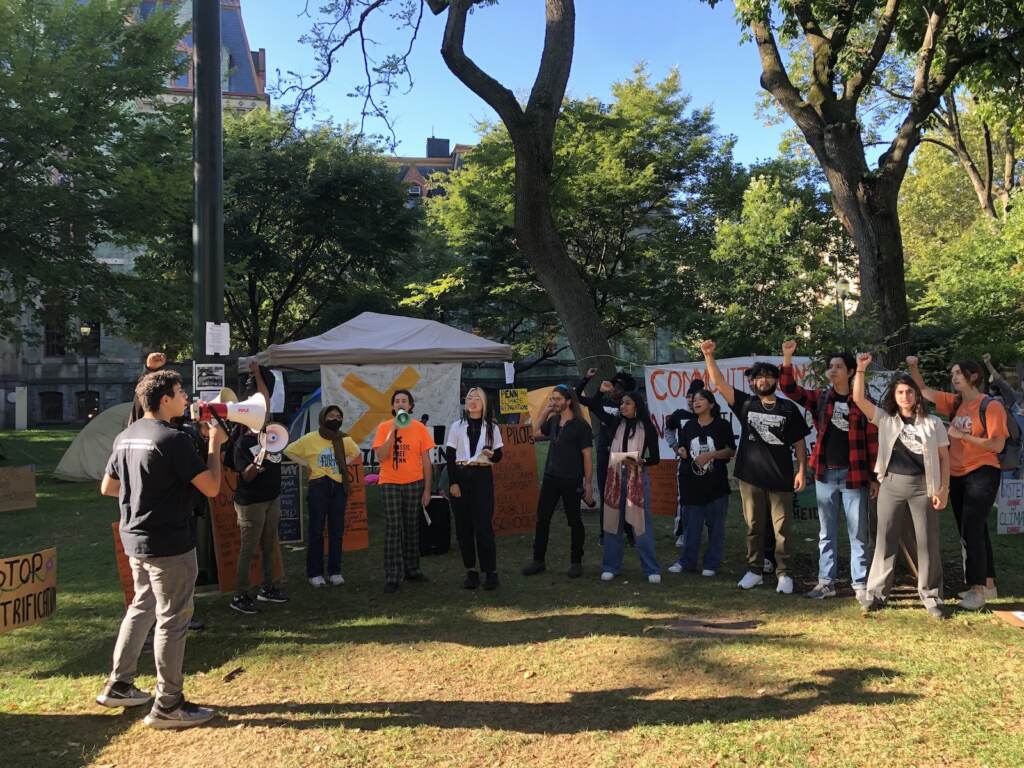 penn-student-protest-encampment-s-schmidt-2022-09-26-6 Penn students and supporters rally at the encampment on College Green Monday. (Sophia Schmidt/WHYY)