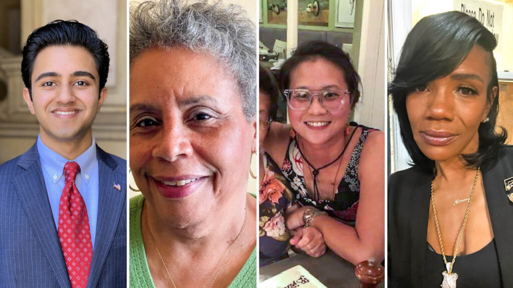 our Philly residents who love being poll workers: Samir Kahn, Marjorie S. Bolton, Melody Wong, and DaNeisha Sistrunk. (Resolve Philly)