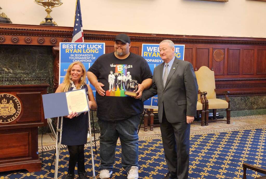 ryan-long-city-hall-jeopardy-t-macdonald-2022-09-13 Jeopardy! champion Ryan Long was presented with a ceremonial model of the Liberty Bell at City Hall on September 13, 2022. (Tom MacDonald / WHYY)