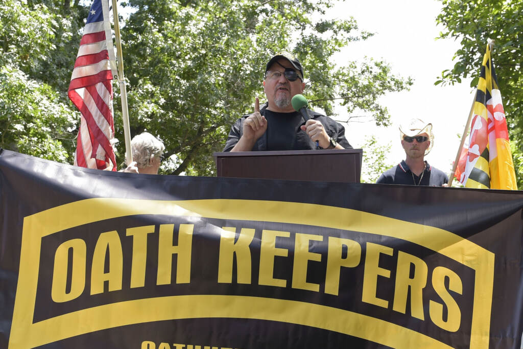 Stewart Rhodes Stewart Rhodes speaks in front of a banner that reads, ''Oath Keeperes'