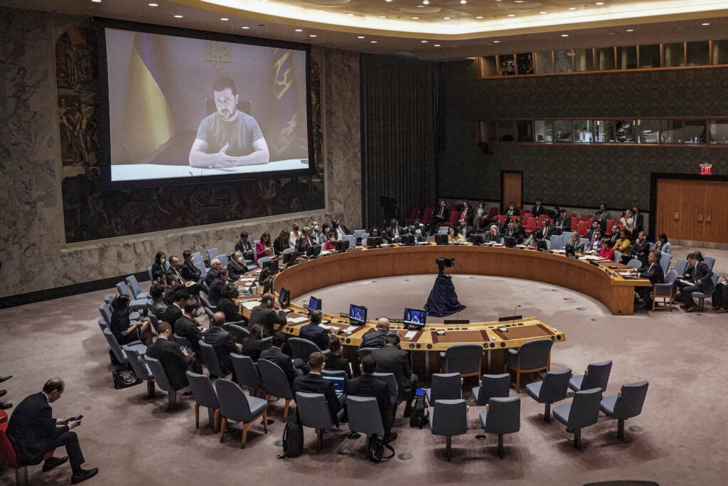 Volodymyr Zelenskyy Ukraine President Volodymyr Zelenskyy addresses the United Nations Security Council by video
