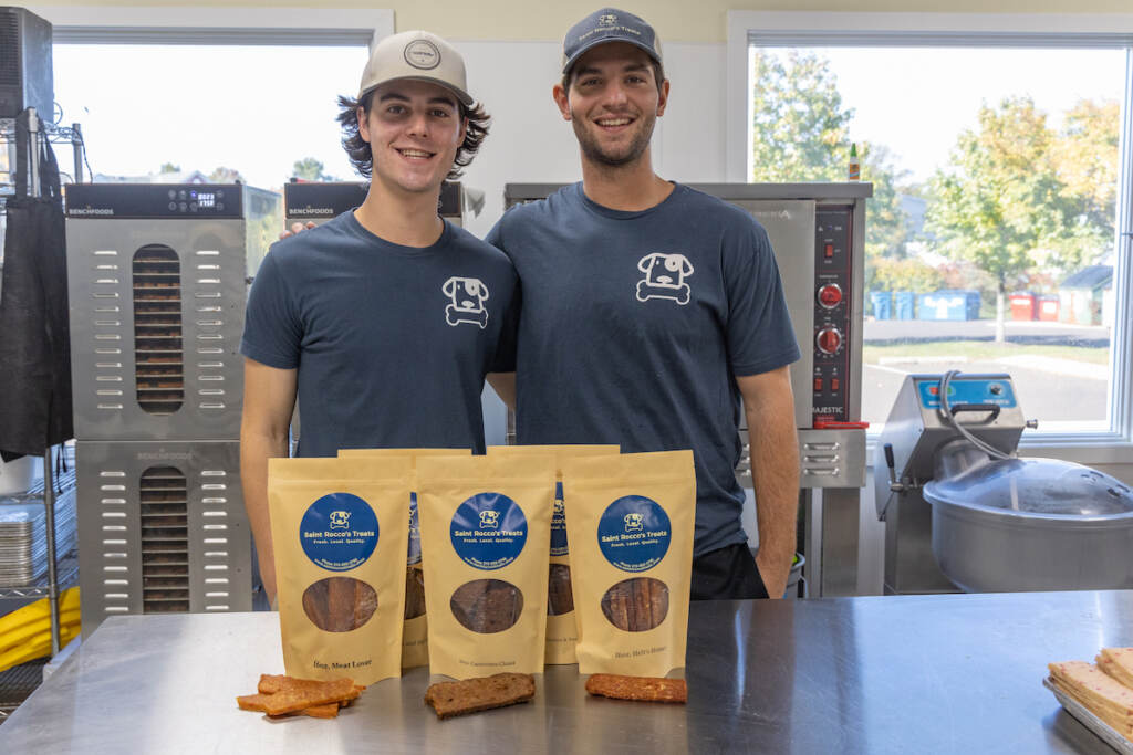 Brothers Kaleb Rush (left) and Kolby (right) are the owners of Saint Rocco’s, a gourmet dog treat company in Bucks County, Pa. (Kimberly Paynter/WHYY)